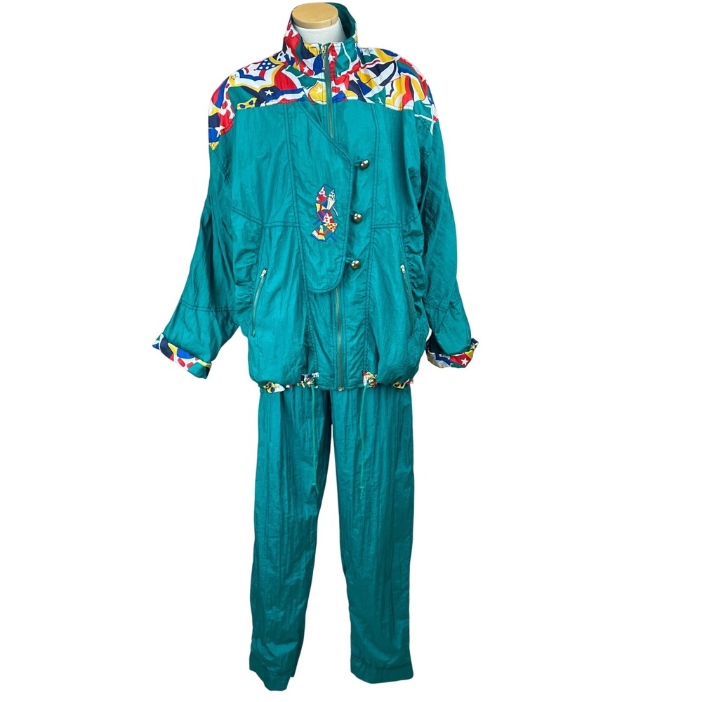 Vintage 90s LAVON Womens Track Suit (L) Parachute Baggy Teal Mobwife Lined Indie